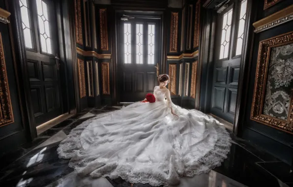 Картинка девушка, платье, красные, азиатка, невеста, свадебный букет. цветы