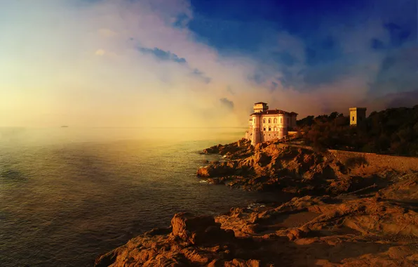 Море, облака, замок, корабль, Италия, Тоскана, Ливорно