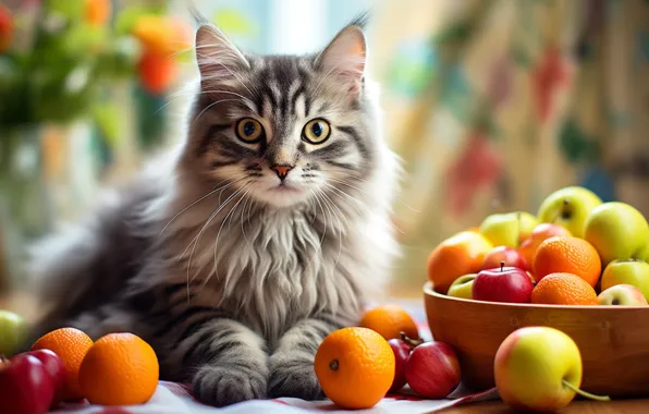 Кошка, лето, кот, взгляд, поза, котенок, стол, серый