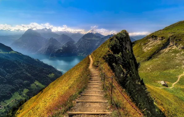 Горы, озеро, Швейцария, Альпы, тропинка, Switzerland, Alps, Lake Lucerne