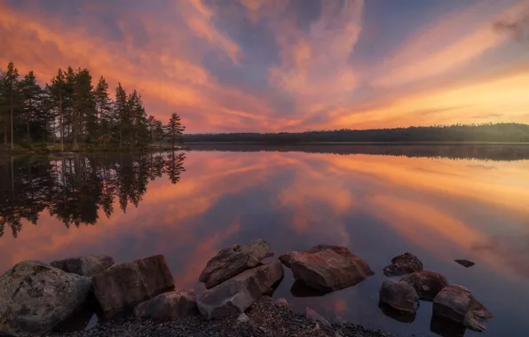 Картинка лето, небо, деревья, закат, озеро, отражение, камни, Норвегия