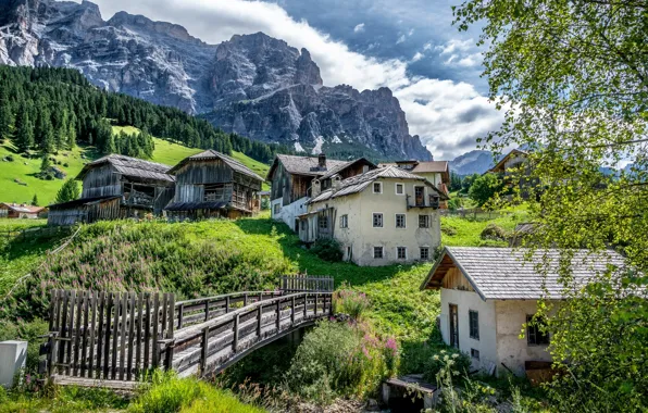 Картинка горы, дома, склон, деревня, Италия, мостик, Italy, Доломитовые Альпы