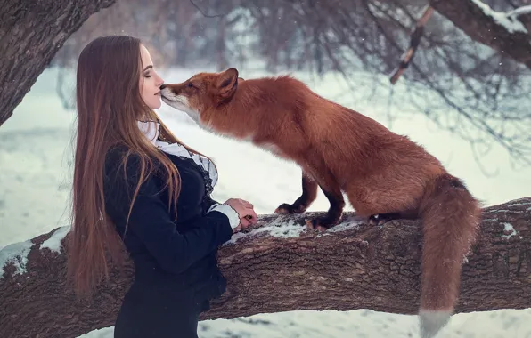 Картинка девушка, дерево, ситуация, поцелуй, лиса, рыжая, длинные волосы, Сергей Граблёв