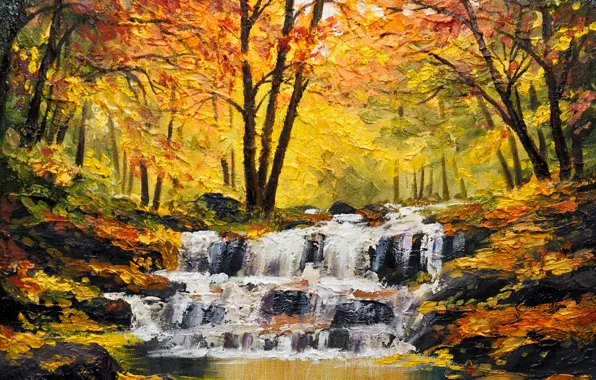 Картинка осень, деревья, река, водопад, поток, окрас, время года
