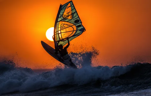 Sunset, wave, windsurfing