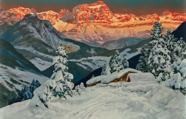 Дома, Зима, Горы, Деревья, Снег, Картина, Доломитовые Альпы, Alois Arnegger
