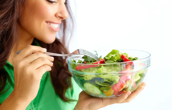 Woman, fork, tomato, lettuce, salad