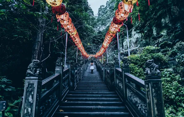 China, лестница, Китай, красные фонари