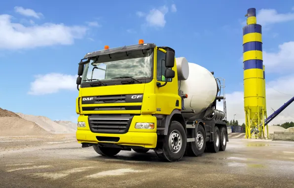 Картинка жёлтый, промзона, тягач, DAF, ДАФ, 8х4, бетоносмеситель, DAF CF85.360