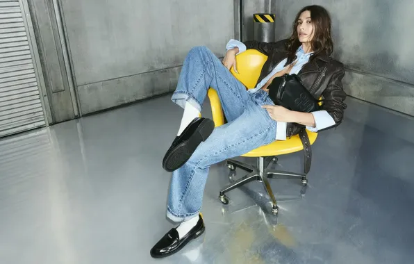 Girl, long hair, young, beautiful, model, jeans, Hailey Bieber