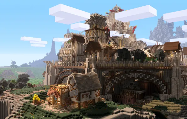 Небо, трава, облака, деревья, замок, скалы, башня, Minecraft