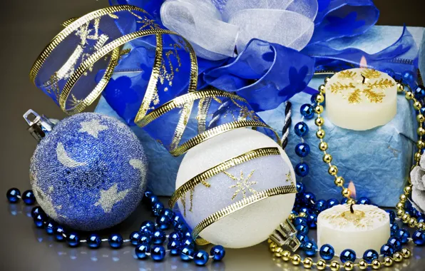 Картинка зима, ленты, подарок, шары, игрушки, свечи, Новый Год, Рождество