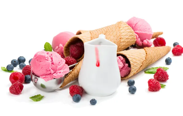 Ягоды, малина, черника, мороженое, сладкое, вафля, blueberry, raspberry