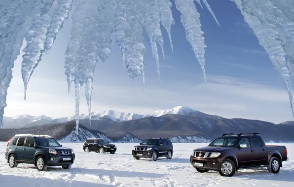 Картинка небо, снег, горы, озеро, лёд, сосульки, Байкал, джип