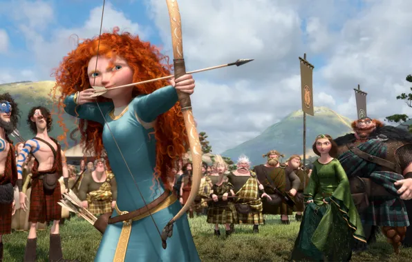 Картинка мультфильм, Шотландия, воин, лук, лучница, стрельба, Disney, Pixar