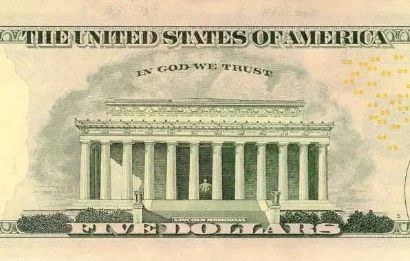 Dollar, five, states, God, united, America, memorial