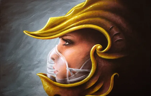 Девушка, желтый, шлем, профиль, фантастика. арт