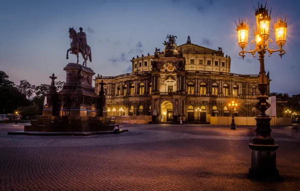 Ночь, город, здание, Германия, Дрезден, освещение, площадь, фонари