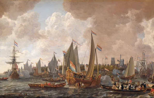 Масло, картина, холст, Ливе Питерсзон Версхюр, 1665, Прибытие Короля Карла II из Англии в Роттердам, …