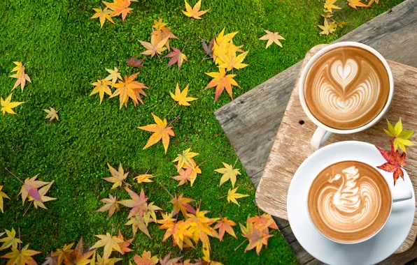 Картинка осень, трава, листья, кофе, colorful, чашка, wood, autumn