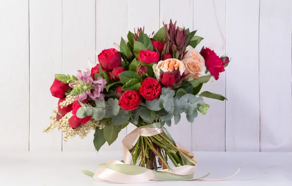 Картинка зелень, розы, букет, лента