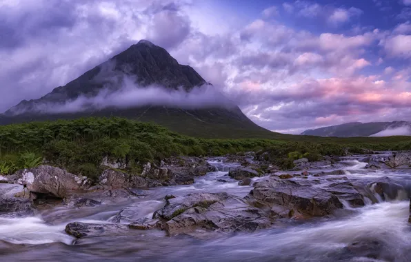 Облака, река, камни, Шотландия, Highland, Хайленд, Гленко, Glencoe