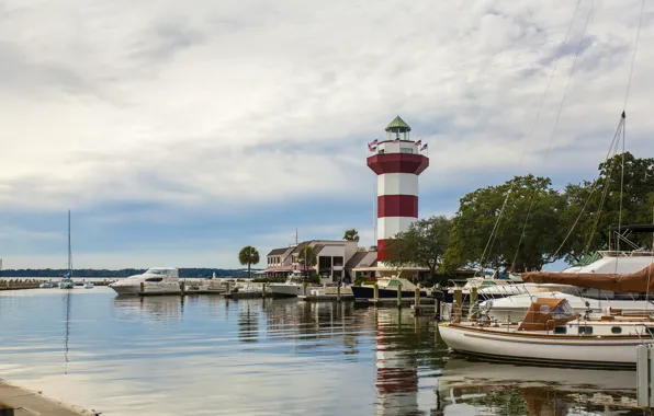Река, маяк, остров, яхты, лодки, Южная Каролина, США, Hilton Head