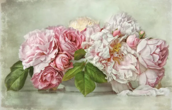 Листья, цветы, фон, розы, букет, лепестки, арт, ваза