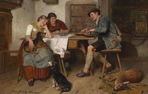 1914, German painter, немецкий живописец, oil on canvas, Adolf Eberle, Адольф Эберле, Musikalische Unterhaltung auf …