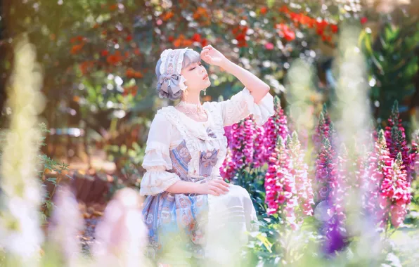 Картинка лето, девушка, свет, цветы, природа, сад, платье, наряд