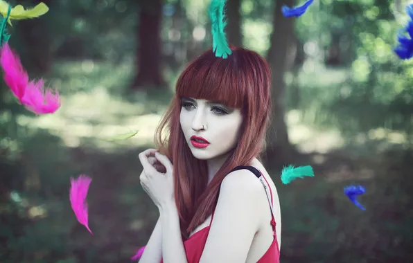 Картинка перья, разноцветные, рыжеволосая девушка