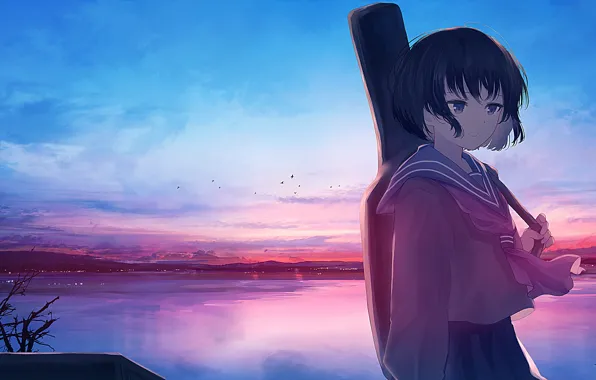 Картинка школьница, mifuru, вода, гитара, небо, закат