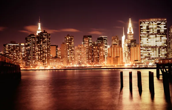 Картинка свет, город, огни, река, здания, дома, Нью-Йорк, небоскребы