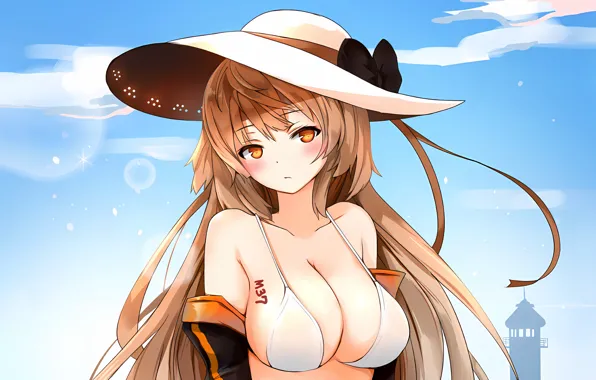 Girl, sexy, cleavage, sky, long hair, hat, boobs, anime