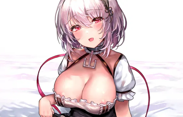 Girl, sexy, cleavage, pink hair, boobs, anime, beautiful, red eyes