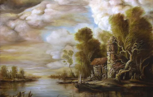 Картинка деревья, пейзаж, тучи, дом, река, лодка, картина, арт