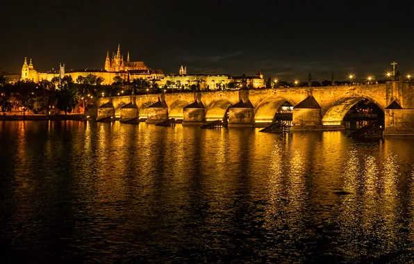 Ночь, мост, огни, река, Прага, Чехия, Влтава, собор Святого Вита