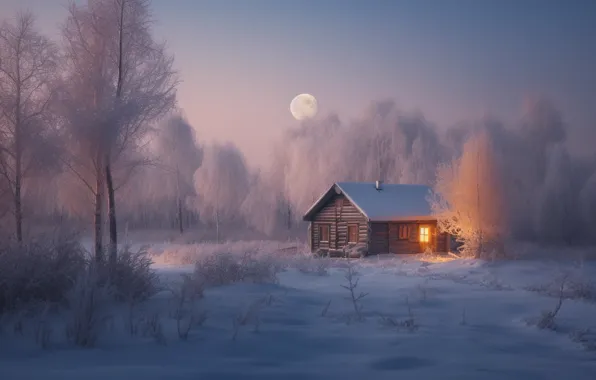 Зима, иней, поле, лес, свет, снег, деревья, ночь