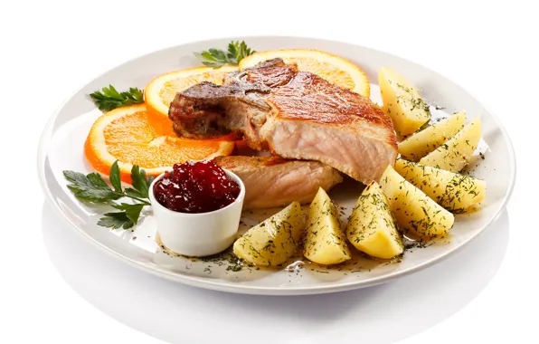 Апельсин, мясо, джем, картофель