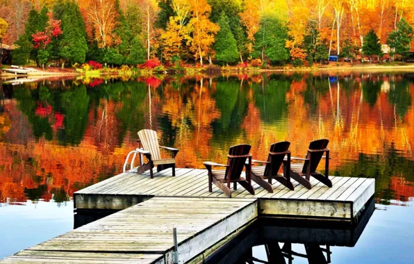 Картинка листья, деревья, оранжевый, красный, озеро, отражение, жёлтый, Осень