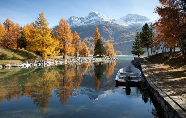 Картинка осень, пейзаж, горы, природа, река, лодка