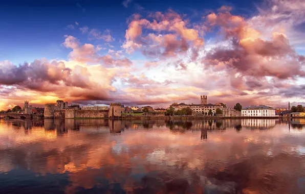 Небо, Облака, красота, Ирландия, Ireland, Отражение в воде, Limerick County Limerick, River Shannon