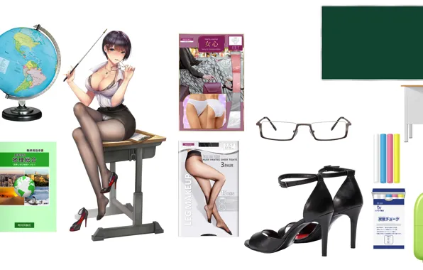 Panties, glasses, chalk, chalkboard, pantyhose, teacher, globe, eraser