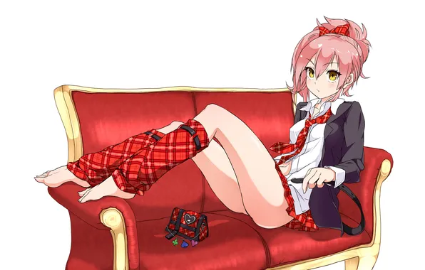 Girl, sexy, school uniform, pink hair, legs, anime, beautiful, barefoot