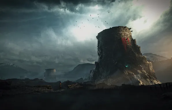 Небо, башня, mountains, Town, 3D ART, Karim Yasser, Dark Ages
