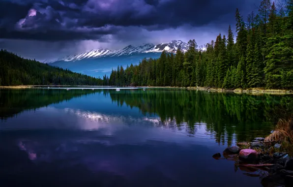 Лес, облака, деревья, горы, озеро, Канада, Alberta, Jasper National Park