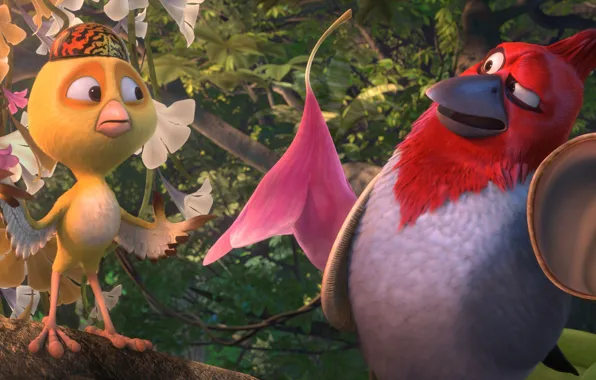 Cinema, flower, trees, hat, wings, feathers, birds, cartoon