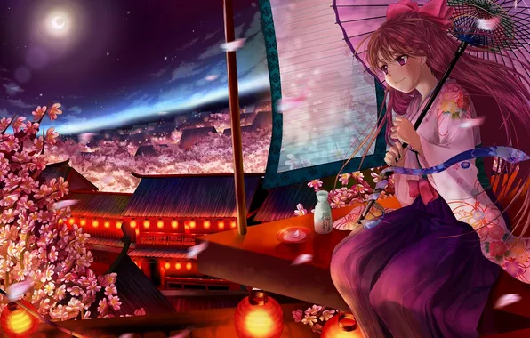 Картинка крыша, девушка, цветы, ночь, зонт, лепестки, сакура, фонари