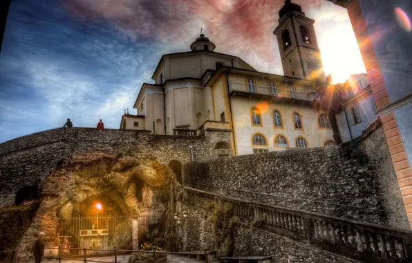 Стены, Италия, лестница, церковь, лучи солнца, Domodossola