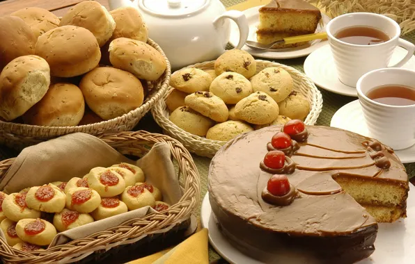 Картинка вишня, чай, кофе, еда, шоколад, печенье, клубника, кружка